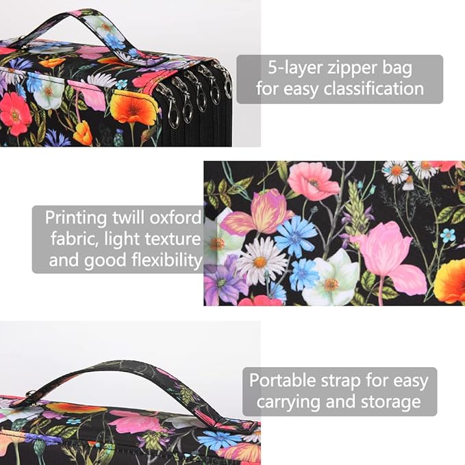 Vomgomfom 252 Slots Pencil Bag, 5-Layer Zipper Art Supply Organizer, PU Leather Portable Colored Pencil Case with Handle for 252 Watercolor Pens, Gel Pens (Black Flower)