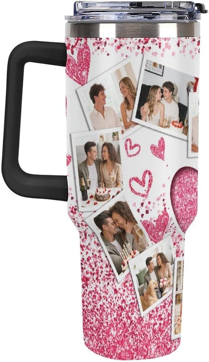 Personalized Tumbler Custom Vacuum Insulated Travel Mug Customizable Coffee Cup with Your Photos and Text Christmas Birthday Gift (Heart Shaped Photo)