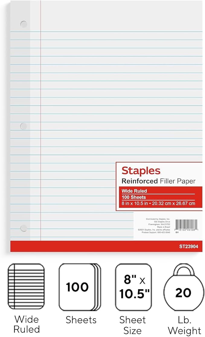 STAPLES Reinforced Filler Paper, 8” x 10.5”, Wide Ruled, 100 Sheets
