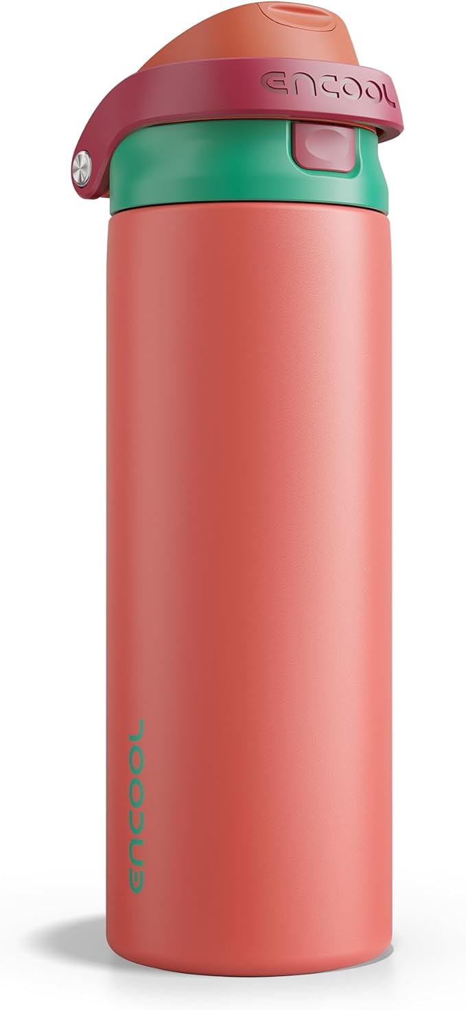 ENCOOL Leakproof Insulated Water Bottle with Straw Dual-Sip Water Bottle Bag-Safe Design for Work, Commute & Gym – Keeps Drinks Cold All Day, 24 oz, Coral Red