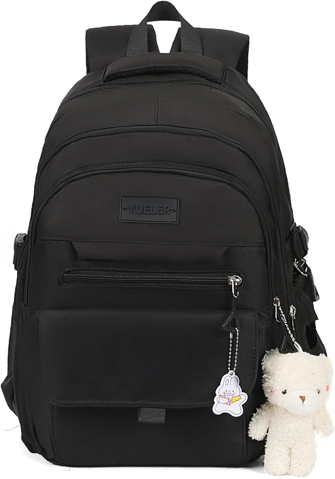 PRLINJSK Girls Backpack for College High Middle School Student, Cute Aesthetic Bookbag for Teens Women with Accessories,Black