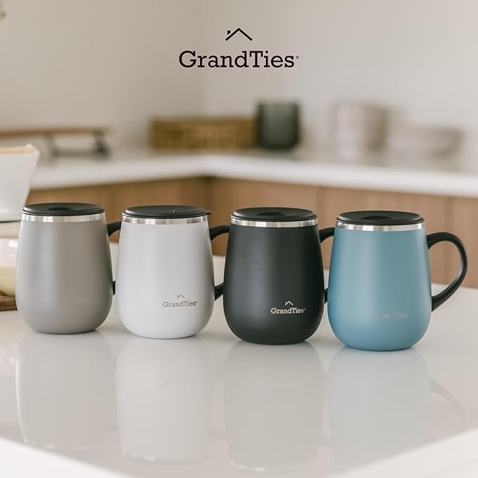 GRANDTIES Insulated Coffee Mug with Handle - Sliding Lid for Splash-Proof 16oz Wine-Glass Shape Thermal Tumbler with Double Walled Vacuum Stainless Steel to Keeps Beverages Hot or Cold-Pearl