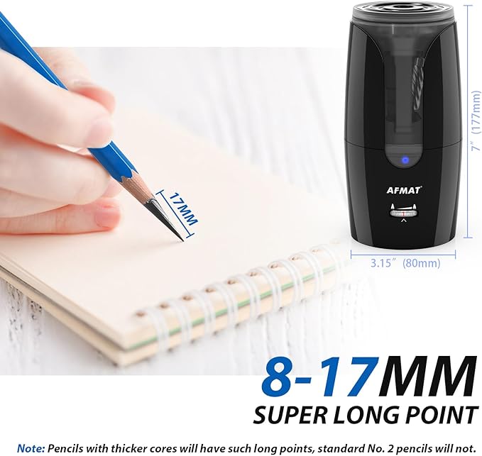 AFMAT Rechargeable Long Point Pencil Sharpener for Artist, Fast Sharpen & Auto Stop, 8-17mm Long Point, Electric Artist Pencil Sharpener for φ6-12mm Charcoal/Drawing/Sketching/Colored Pencils PS29