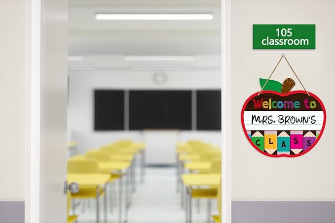 WaaHome Welcome Sign for Classroom Door Decorations 11.3"x12" Personalized Apple-shape Teacher Door Sign Back to School Welcome to Our Classroom Sign Teacher Name Sign for Classroom Door Teacher Supplies