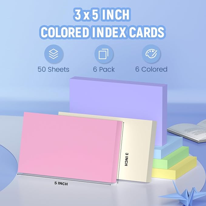 Colored Index Cards 3x5, 300 Pcs Blank Index Cards 3x5, Double-Sided Blank Flashcards, 6 Colors Note Cards 3 x 5, Heavy Bright Flash Cards for Studying, Colored Notecards for Office, School, and Home