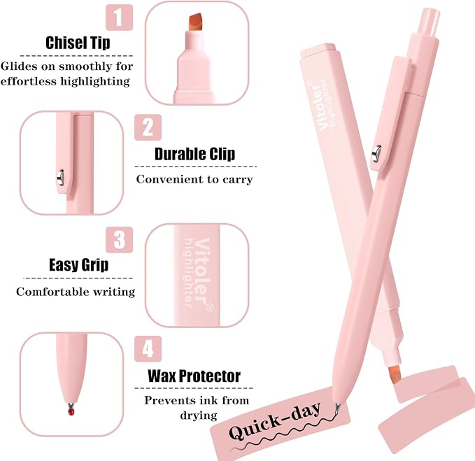 Vitoler Aesthetic Highlighters & Black Gel Pens 12 Pack,No Bleed | Fast Drying Pens for Teacher Nurse Bible Journaling Planner Mothers Day Gifts
