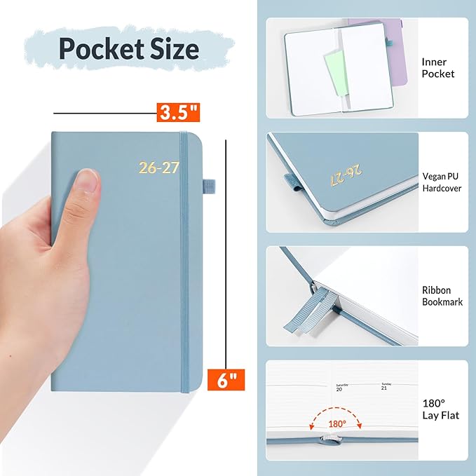 SUNEE 2026-2027 Pocket Weekly Planner for Purse 3.5" x 6" - 12 Month (July 2026 - June 2027) Academic Year Calendar, Pocket Size Planner, Hardcover, Note, 100 GSM Paper, Sage Blue