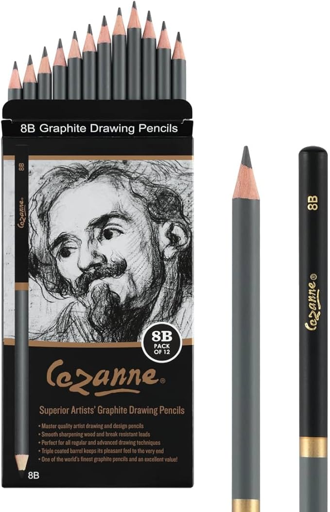 Cezanne Graphite Drawing Pencils Set - 8B, Set of 12 Break-Resistant Graphite Lead, Easy-to-Sharpen Sketch Pencils, Master Artist Quality Graphite Pencils for Technical and Artistic Drawing