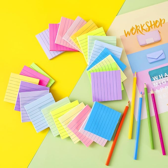 (12 Pack) Lined Sticky Notes 3x3 in,Notepads with Lines,Ruled Stickies Super Sticking Power,Office School Memo Note Pads Bright Colors,Post on Windows Doors,Recyclable,Easy to Write on