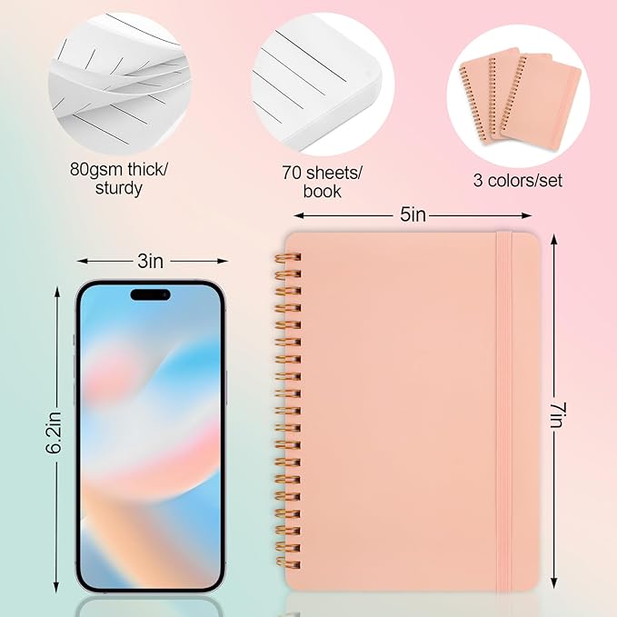 Utron 3 PCS Small Spiral Notebook 5x7, Notebooks for Note Taking, Pink Spiral Journal Notebook, Work Notebook Small Notebooks 5x7 with Strap, Cute Notebooks for Women 70 Sheets/Note Books