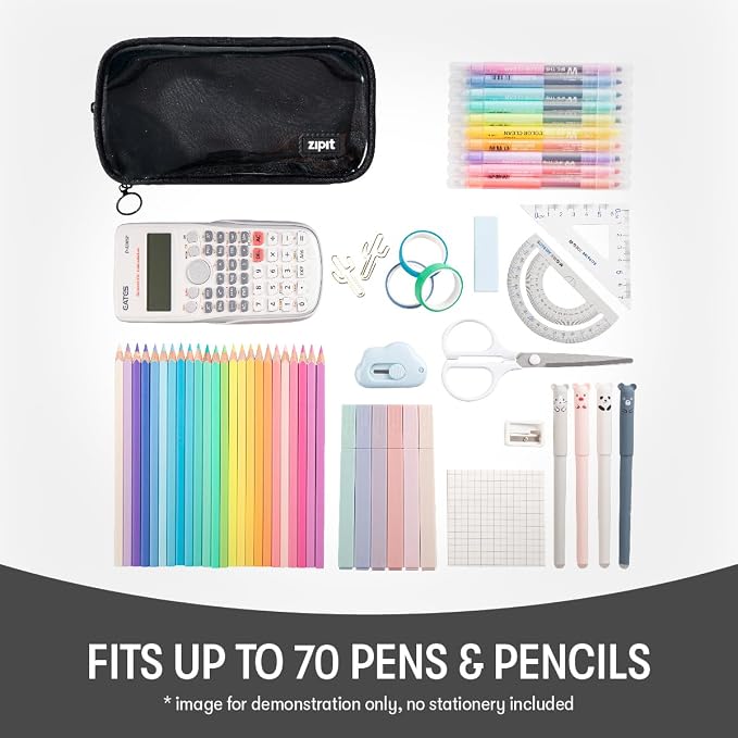 ZIPIT Half & Half Pencil Case, 3-Compartment Aesthetic Zipper Pouch, Black | Clear-front pencil case for school, dedicated organizer panels, holds up to 70 pens & pencils, durable easy-care polyester
