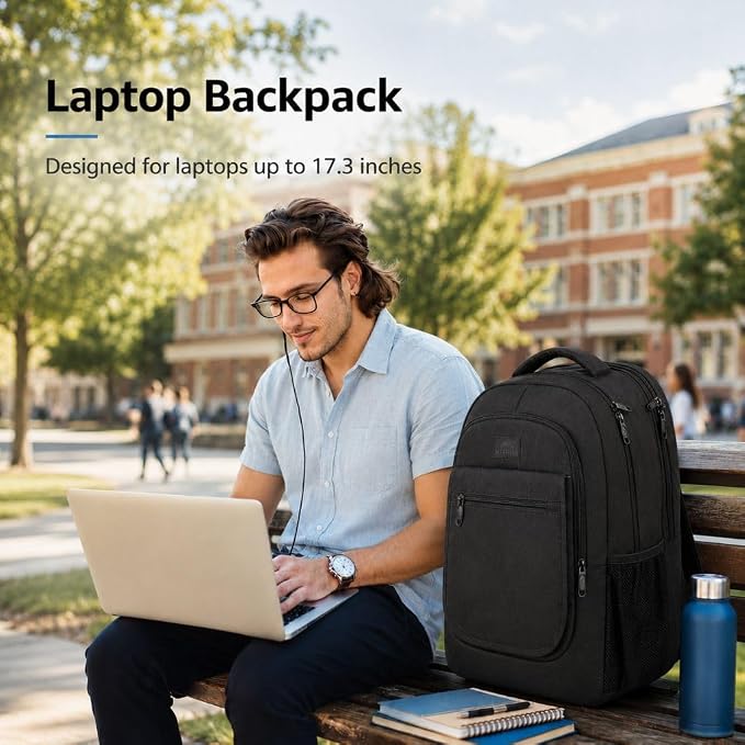 MATEIN College Large Travel Backpack, TSA Expandable Laptop Backpack | 43L College Computer Bag, Fit 17.3 Inch Laptop, Water Resistant Design, Lightweight Carry on, Sturdy, Spacious, Black