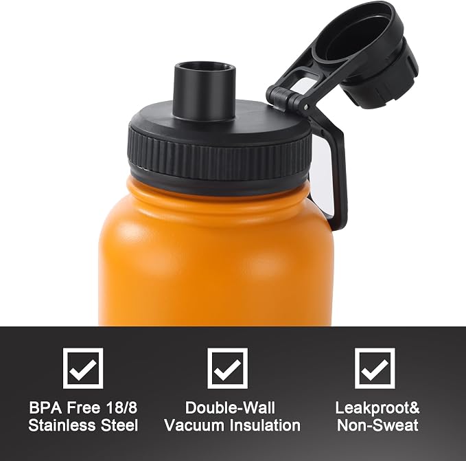 Navigate 32oz Insulated Water Bottle for Sports, Keep Cold 24H | 2-in-1 Spout and Handle Lids, Double Leak-Proof, 18/8 Stainless Steel, BPA-Free, Wide Mouth for Gym and Hiking,Orange