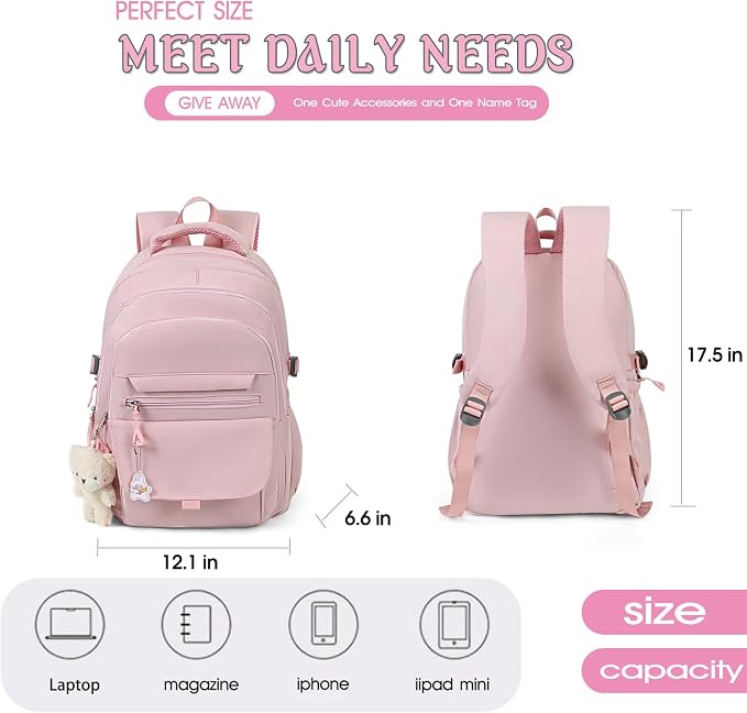 PRLINJSK Girls Backpack for College High Middle School Student, Cute Aesthetic Bookbag for Teens Women with Accessories,Pink