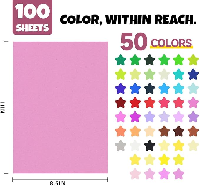 100 Sheets 8.5 x 11 Colored Cardstock,Assorted Colored Cardstock 50 Colors 180GSM/65LB Multicolor Construction Paper for DIY Crafts, School Supplies,Party Decorations (Mix color 100Pcs)