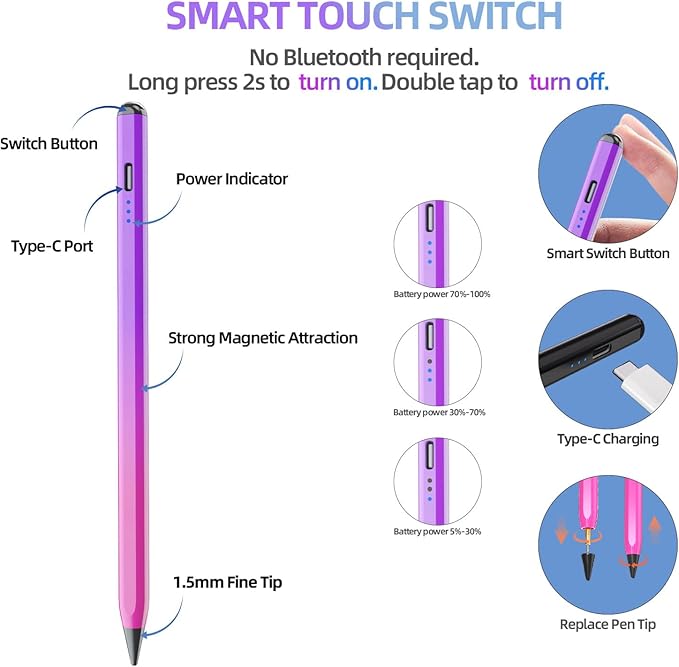 MMK Stylus Pen for iPad, Apple Pencil for iPad 10th 9th Gen, iPad Air 5/4/3rd, iPad Pro 11/12.9 Inch (Purple&Red)