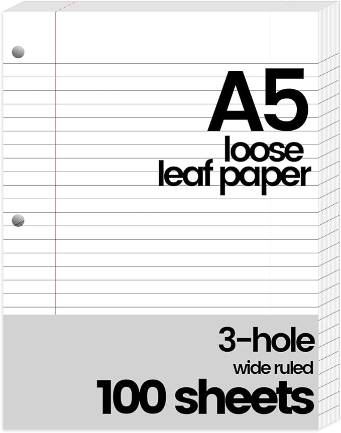 Koogel White Filler Paper, 3 Hole Punched, 100 Sheets Loose Leaf Wide Ruled Lined Notebook Paper, 8" x 10-1/2" Filler for Notebooks, School Office Writing Supplies, Fights Ink Bleed, White