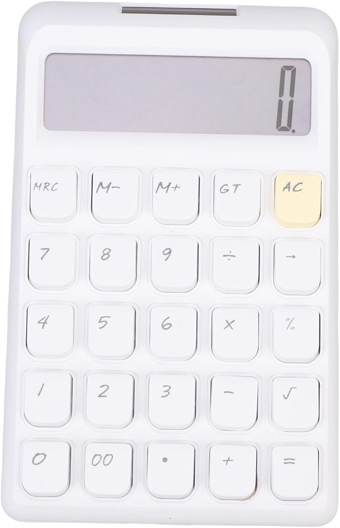 Asixxsix Desktop Calculator, Solar Powered 12 Digit Calculator Basic Functions Portable Design Large Clear Display with Responsive Mechanical Buttons for Office Home School (White)