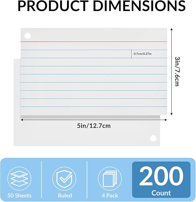 NEEWAY Ruled Index Cards with Ring 3x5 Inches, 200 Count Note Cards Lined, Flash Cards with Rings for Studying, Home and Office (Light Blue)