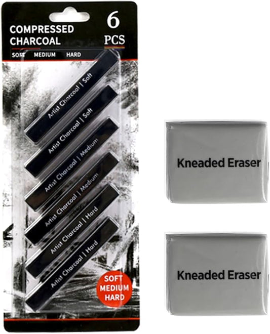 Compressed Charcoal Sticks 6 PCS, Kneaded Rubber Erasers Large Size 2 Pack, Square Vine Charcoal Rod Set of 8 for Back to School DIY Drawing Crafts, Sketching, Shading, Beginners and Artists
