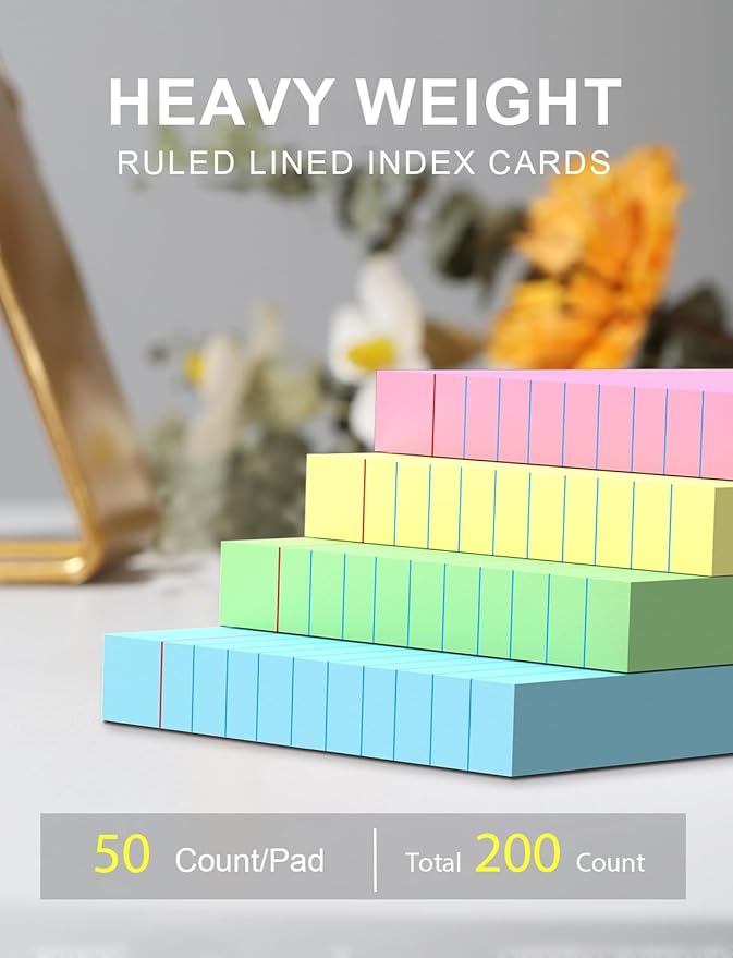 Colored Index Cards 3x5 Inch - 200 Count, Ruled Index Flash Cards for Studying, Lined Index Note Cards 3" x 5" Colorful, 180GSM Heavy Colored Flashcards 3x5 Notecards for Office, Home, School Supplies