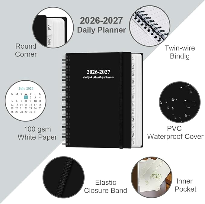 2026-2027 Daily & Monthly Planner - One Page Per Day, Daily Planner from July 2026 - June 2027, Planner 2026-2027 with 12 Monthly Tabs, 8.5" x 11", Black