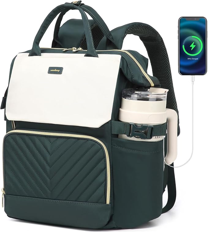 Computer Backpack for Women, Work Bag Laptop Bookbag with Cup Holder & USB Charger for Teacher Nurse College Travel Back Pack, Gifts, Beige DarkGreen