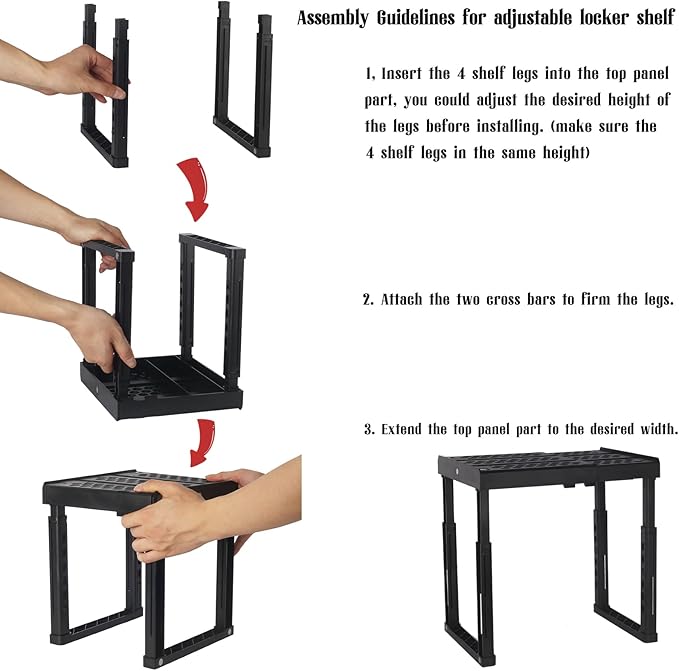 Svartur Locker Shelf Height and Width Adjustable, Locker Organizer for Work, Stack-able Locker Stand Tools for Gym Locker, Locker Accessories Stuff, Black, Pack of 2
