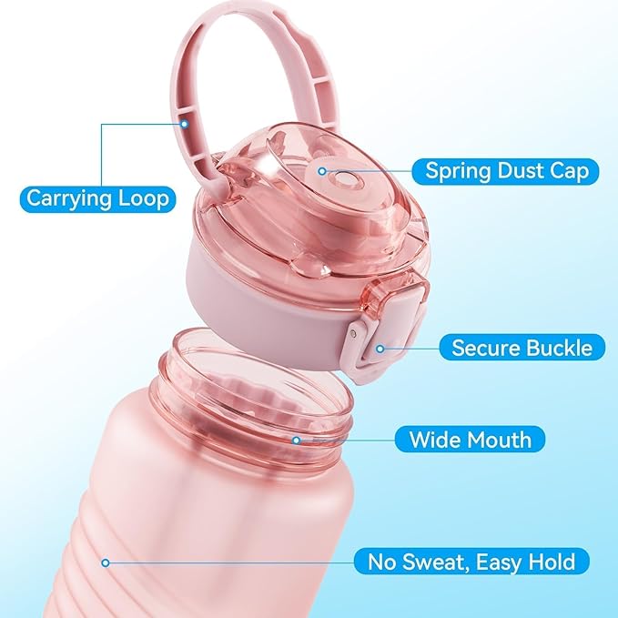Kerilyn 32oz Water Bottle, Leakproof Sports Water Bottle, BPA Free Plastic Water Bottle No Straw, Reusable Water Bottle with Handle, Fruit Infuser for Gym Fitness, Camping, Outdoor, Pink