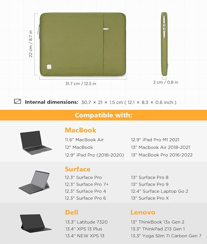 NIDOO 11 Inch 13 Inch Laptop Sleeve Computer Carrying Case Bag for 13" iPad Pro M2 M4 / 13" iPad Air M2/Surface Pro 10 9 X/ 13" MacBook Pro Air/12.7" Lenovo Tab P12 / 13" Dell Pro 13 Premium, Green