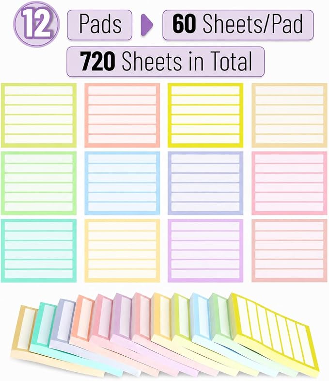 Mr. Pen- Lined Sticky Notes Bulk, 3"x3", 12 Pads, 60 Sheets/Pad, 720 Sheets