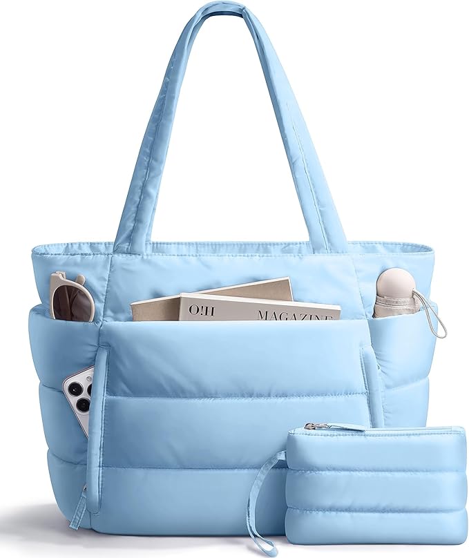 Bagstellar Puffer Tote Bag for Women, Lightweight Puffy Work Handbag Teacher Nurse Quilted Shoulder Bag for School Travel Gym | Cloud Bag w/ Zipper