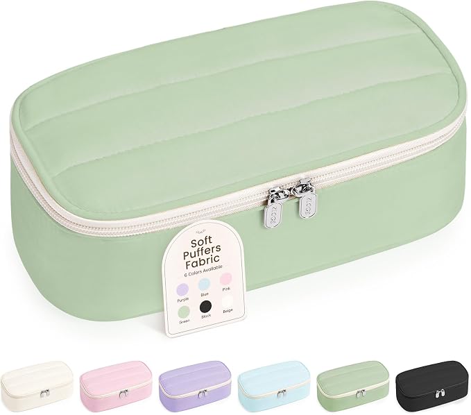 Sooez Cute Pencil Case, Soft Puffers Pencil Pouch, Large Pen Pencil Bag | Zipper Pen Case, Aesthetic Pen Pouch, Colored Stationery Storage & Organizer, School Supplies for Teen Girl Students, Green