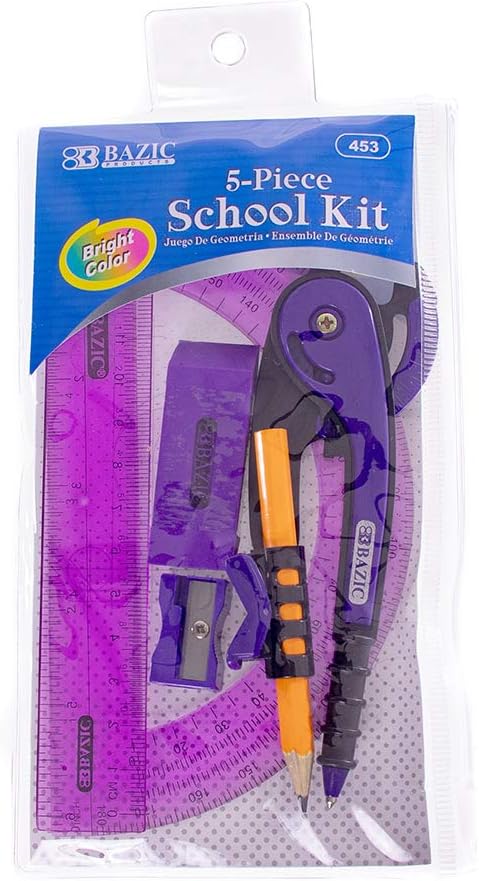 West Coast Paracord 5 Piece School Kit with Zipper Pouch – Colored Compass, Protractor, Ruler, Eraser, Sharpener – Geometry and Math Tool Set (Purple)