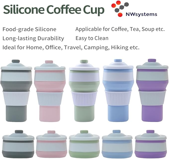 Collapsible Travel Coffee Cups Set of 2 - Silicone Foldable Mugs with Leakproof Lids, BPA Free, Microwave and Dishwasher Safe - 10oz (300ml) for Travel, Office, Camping