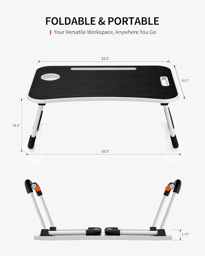 FISYOD Foldable Laptop Table, Portable Lap Desk Bed Table Tray, Laptop Stand with Cup Holder & Tablet Slot & Lifting Handle for Working Writing Drawing & Eating (Black Grain)
