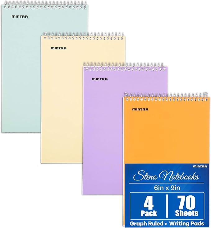 Mintra Office Steno Books Set - Top-Spiral Bound, Graph Ruled, 70 White Sheets, Poly Pastel Color Covered Notebooks for Office, Professional, School & Work, Note-taking, Writing Pads, 6"x9", 4 Pack