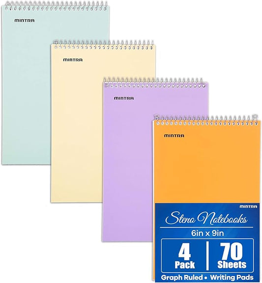 Mintra Office Steno Books Set - Top-Spiral Bound, Graph Ruled, 70 White Sheets, Poly Pastel Color Covered Notebooks for Office, Professional, School & Work, Note-taking, Writing Pads, 6"x9", 4 Pack
