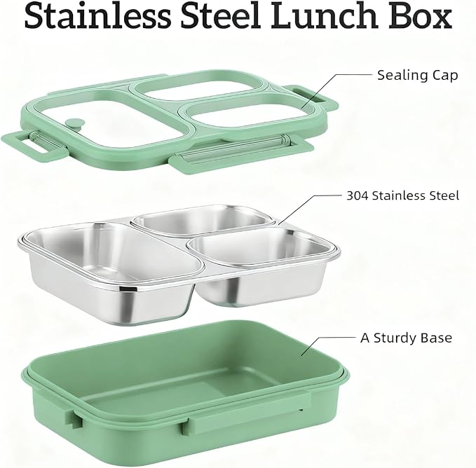 Stainless Steel Bento Box for Kids, 3-Compartment Leakproof Lunch Box with Lid, Toddler Food Container for School, Microwave Safe, Dishwasher Safe, BPA Free, 25oz(green)