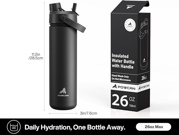 POWCAN 26 oz Insulated Water Bottle with 2-in-1 Straw and Spout Lid, Glow-in-the-Dark, 24H Cold, Leakproof, Fits in Car Cup Holder, Stainless Steel for Gift, Sports, Travel, School (Gilded Flutter)