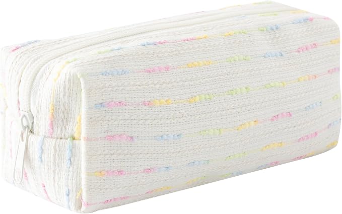 Cute Striped Pencil Case for Girls Large Capacity Aesthetic Pen Pouch with Zipper Stationery Organizer Bag for School Office Durable Pencil Box for Teens Students Women Kids (Square-White)