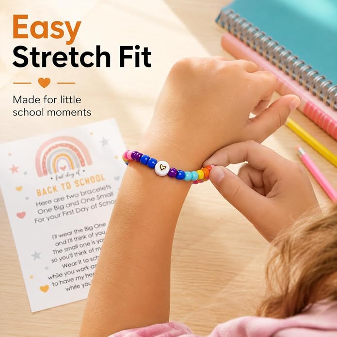 Back to School Bracelets Heart Matching Mommy and Me Elastic Wish Strings Bead Bracelets First Day of School Supplies Gifts