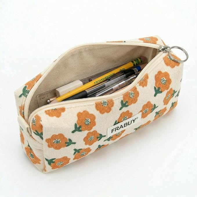 Soft Corduroy Pencil Case Pen Pouch Organizer, Small Stationery Bag | Cute beige plum blossoms pencil pouch, smooth zipper, daily cosmetics holder, compact organizer for school teen girls, women