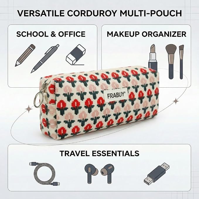 Soft Corduroy Pencil Case Pen Pouch Organizer, Small Stationery Bag | Cute little red flower pencil pouch, smooth zipper, daily cosmetics holder, compact organizer for school teen girls, women