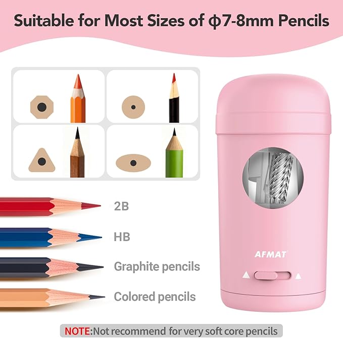 AFMAT Electric Pencil Sharpener, Fully Automatic Pencil Sharpener for 7-8mm Pencils & Colored Pencils, Auto in & Out, Rechargeable Vertical Hands-Free Sharpeners for Classroom/Home/Office PSX7(Pink)