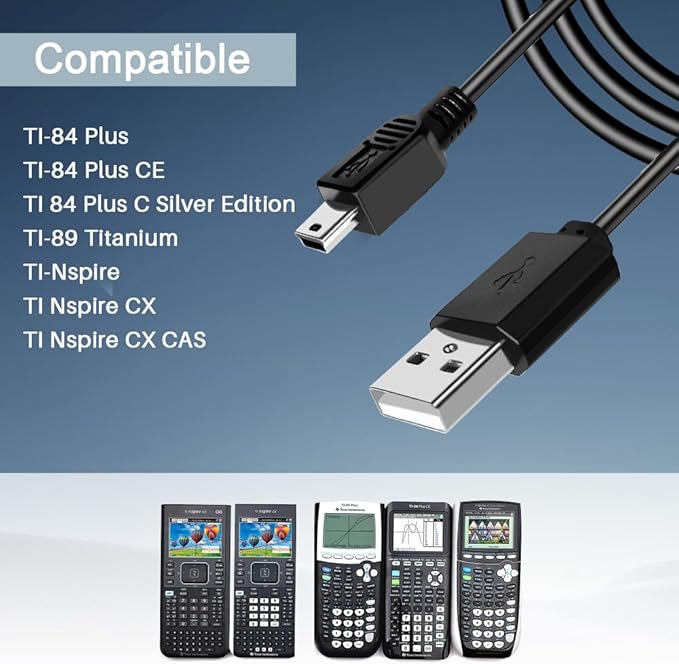 FOUCECLAUS USB Power and Data Cable for Texas Instruments Calculators, 5Ft Charger Cord Compatible with TI-84 Plus CE, Plus C Silver Edition, Nspire CX/TI CX CAS Graphing Calculators