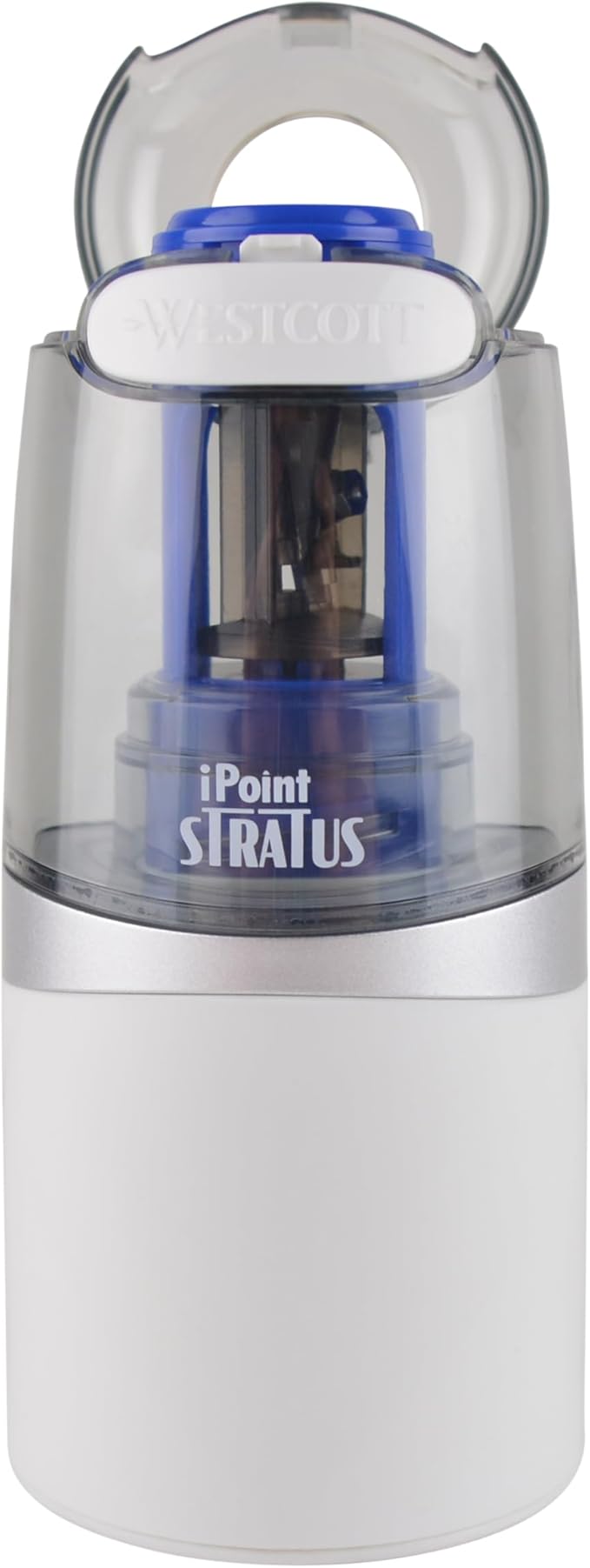 Westcott 17794 iPoint Stratus Battery Pencil Sharpener with Titanium-Bonded Blades and Pop-Top Canister for School, Office, and Home, Assorted Colors