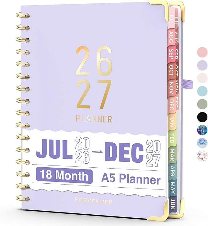 Jul 2026 - Dec 2027 Planner, Forvencer 18 Month Academic Planner 2026-2027, 6.3" x 8.4", Calendar Planner Weekly and Monthly, Daily Agenda Book, School Supplies for Student Teacher, A5, Purple