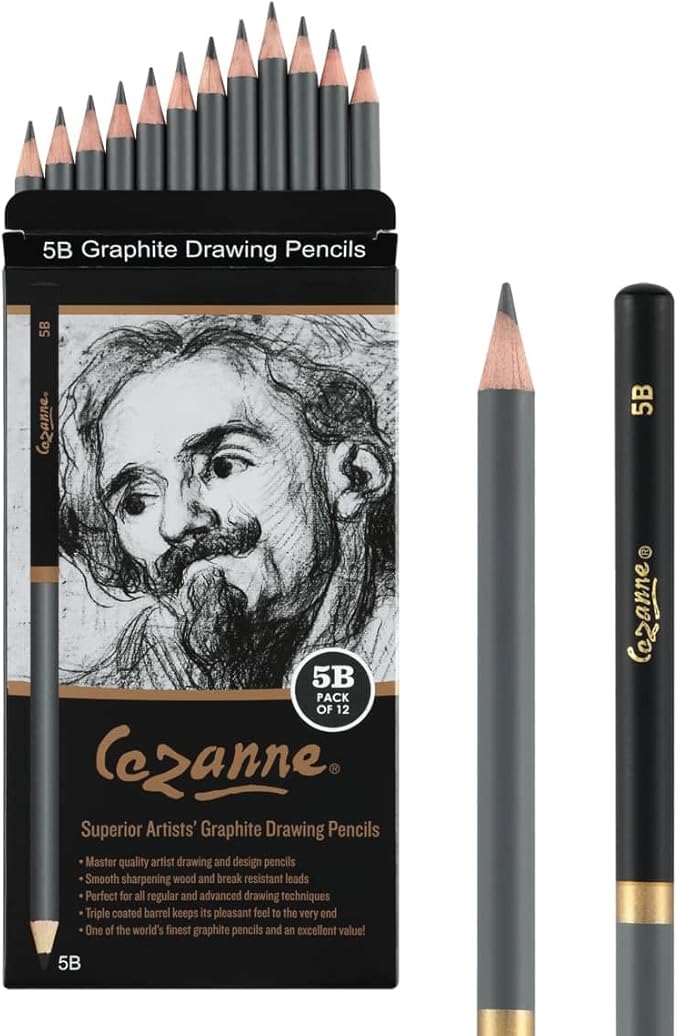 Cezanne Graphite Drawing Pencils Set - 5B, Set of 12 Break-Resistant Graphite Lead, Easy-to-Sharpen Sketch Pencils, Master Artist Quality Graphite Pencils for Technical and Artistic Drawing