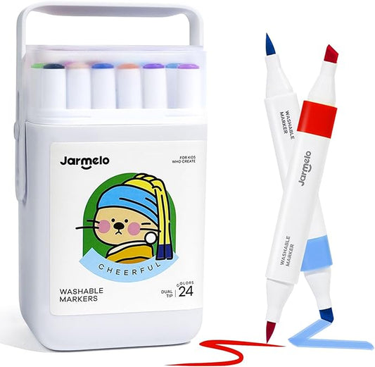 Jar Melo Washable Dual Tip Markers for Kids Ages 4-8, Brush & Chisel Tip, Water-Based Coloring Markers, Double-Tipped 24 Colors Marker Set with Storage Case, School Art Supplies for Boys & Girls 8-12